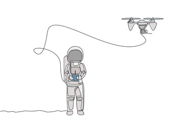 One single line drawing astronaut playing drone plane radio control in moon land graphic vector illustration. Doing hobby while leisure time in deep space concept. Modern continuous line draw design