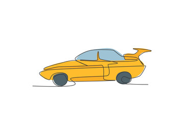 One continuous line drawing of classic sedan car from side view. Transportation road vehicle concept. Dynamic single line draw design vector graphic illustration