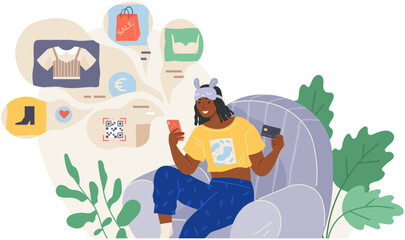 Buying goods in online store, e-commerce, internet shopping. Purchase, order and cashless payment in shop. Mobile phone app for product selection via internet. Smartphone and online shopping icons