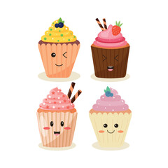 Tasty cupcakes with kawaii eyes isolated on white background. Dessert vector design