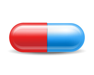 Red-blue pill capsule. Close-up pill vector icon isolated on white background. Tablet design template, capsules for graphics, mockup. Medical and healthcare concept