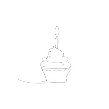  Continuous drawing of the birthday cake line. Cake with sweet cream and candle. A birthday celebration concept isolated on a white background. Hand-drawn vector design illustration © Elena Gnicevich