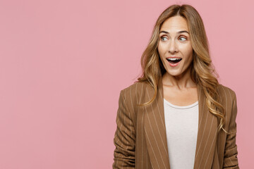 Young surrised amazed shocked successful employee business woman 30s she wear casual classic jacket...