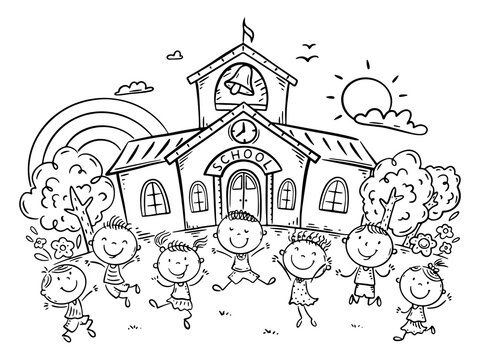 Line drawing of happy kids in front of school building, back to school clipart