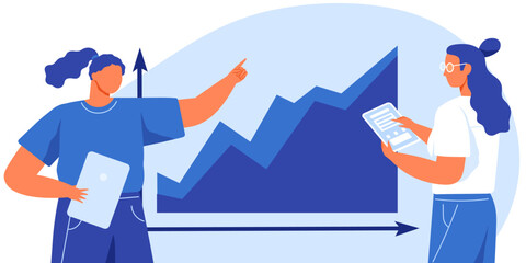 Data analysis and investment concept. Statistical calculations, financial research. Analysis of statistics for business strategy planning. Women discuss changes in statistics, growth of graph
