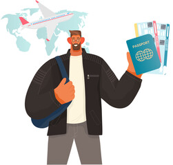 Person getting ID document. Handsome man travelling with foreign passport. Flat vector illustration for citizenship, national identification, visa, ID card concept. Traveler holding personal document
