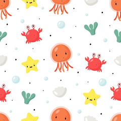 Seamless pattern with Sea Characters. Vector illustration in cartoon style. For posters, banners, card, printing on the pack, paper, printing on clothes, fabric, wallpaper.