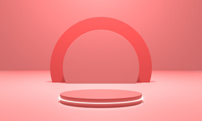 White neon light with podium pink scene 3d illustration rendering in pink background for flyer display products, design advertising and etc