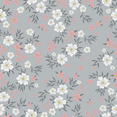 Simple vintage pattern. white and pink flowers, dark grey leaves. grey background. Fashionable print for textiles and wallpaper.