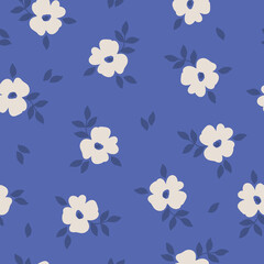 Simple vintage pattern. white flowers, dark blue leaves.  blue background. Fashionable print for textiles and wallpaper.