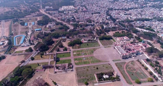 Aerial shot of Mysore palace and its surroundings at early morning