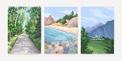 Set of hand drawn vector landscape background. Beautiful illustration of summer beach, forest, field and mountains. Summer holidays poster or banner design template