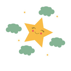 Cute yellow smiling vector little star isolated on white background