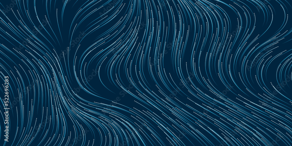 Poster blue and white moving, flowing stream of particles in curving, wavy lines - digitally generated futu