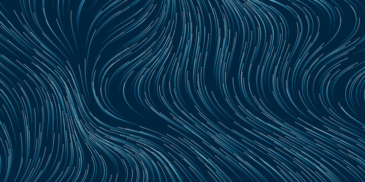 Blue and White Moving, Flowing Stream of Particles in Curving, Wavy Lines - Digitally Generated Futuristic Abstract 3D Geometric Background Design, Generative Art, Template in Editable Vector Format