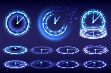 Time machine, timer and deadline. Sci-fi digital high-tech collection in glowing HUD elements clock. Hologram portal of science futuristic technology. Magic warp gate in game fantasy. Teleport podium