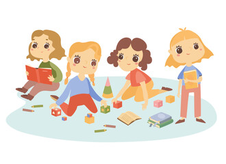 Children in kindergarten. Kids play, read books. Kids hobbies and education