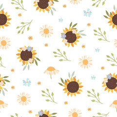 Pastel seamless pattern with sunflowers and daisies. Floral background, delicate cartoon flowers