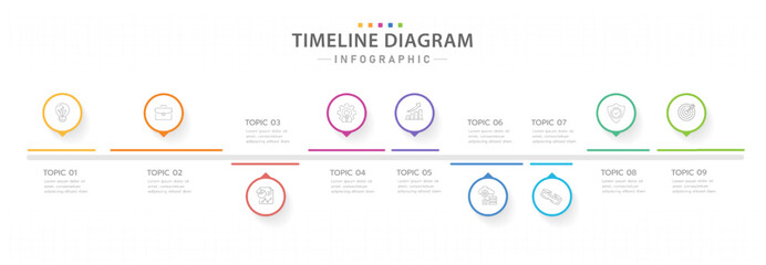 Infographic template for business. 9 Steps Modern Timeline diagram calendar with circle topics, presentation vector infographic.