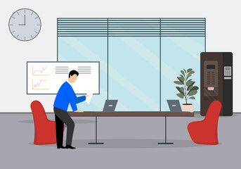 Vector illustration of a beautiful interior office. Cartoon interior with girl, chart board, armchairs, table, coffee machine, clock and window.