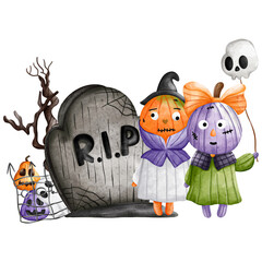 Halloween Pumpkin, Pumpkin kid with Gravestone, RIP sign, watercolor illustration, Halloween decorations