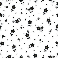 Simple vintage pattern. black  flowers and leaves. white  background. Fashionable print for textiles and wallpaper.