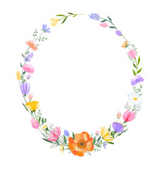 Vector floral wreath illustration. Set of leaves, wildflowers, twigs, floral arrangements. Beautiful compositions of field grass and bright spring flowers.