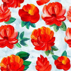 Seamless pattern of abstract red flowers, art painting, creative hand painted background, brush texture, acrylic painting on canvas.