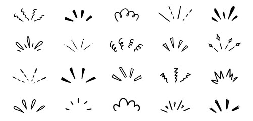 Doodle pop surprise line elements. Hand drawn shine sunburst ray frame for title headline illustration. Doodle vector illustration.