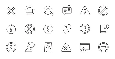 Alert, risk sign line icon set. Caution, warning, exclamation mark thin editable line stroke icon. Alert information, accident notification vector illustration. - obrazy, fototapety, plakaty