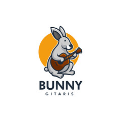 Vector Logo Illustration Bunny Guitarist Mascot Cartoon Style.