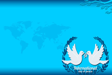 Fototapeta na wymiar International Day Of Peace Background with two white doves on a blue background. Suitable to place on content with that theme.
