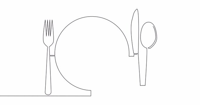 Self drawing line animation plate, spoon, knife and fork continuous one single line drawn concept video