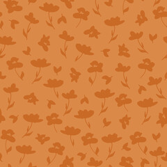 Simple vintage pattern. brown  flowers and leaves. orange  background. Fashionable print for textiles and wallpaper.