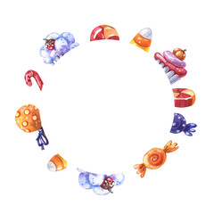 Watercolor sweet frame for Halloween. Card with cupcake