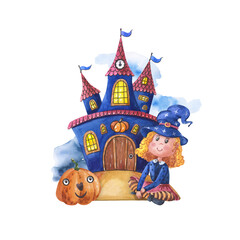 Halloween castle, witch and pumpkin. Watercolor illustration. Cute watercolour art for kids.