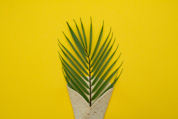 Palm leaf in tortilla wrap on yellow background. Healthy vegan street fast food. National taco day concept. 