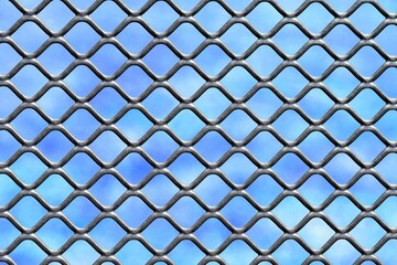 Fototapeta premium Metal grid with blue background. Abstract background, geometric pattern