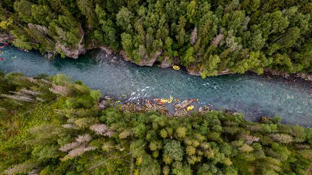 Drone shot of whitewater rafting and kayaking