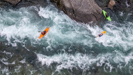 Drone shot of whitewater rafting and kayaking