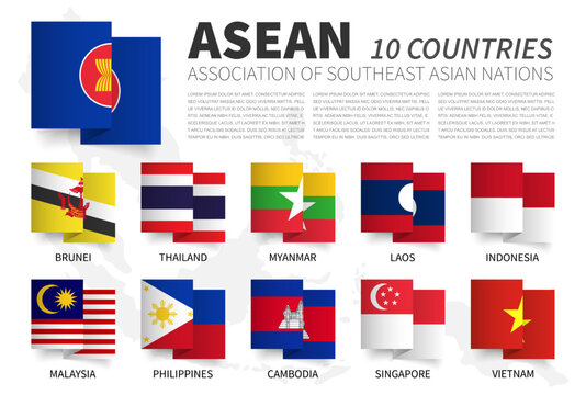 ASEAN . Association Of Southeast Asian Nations And Membership . Waving Zig Zag Ribbon Flag Design . South East Asia Map On Background . Element Vector .