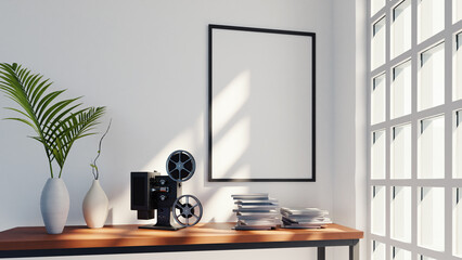 photo frame mockup with movie projector, 3d rendering