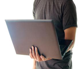 Man holding the laptop on transparent background png file