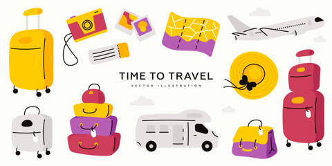 Touristic accessory and attributes set. Vector illustration of suitcase, paper world map, plane, car, hat, ticket, camera