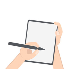 Hand Holding Tablet Portrait Using Left Handed Writing Stylus Pen