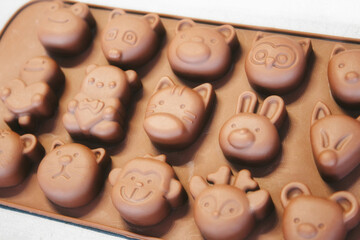 A silicon mold for making chocolate shapes with animal faces against a white background