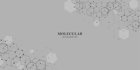 Abstract hexagonal molecular structures in technology background and scientific style. Connected lines and dots, molecules, DNA on a gray background. Medical design. Vector illustration. - obrazy, fototapety, plakaty