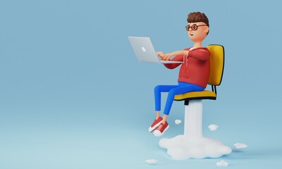 Cartoon character freelancer with a laptop in his hands flies on a chair like a rocket. Innovation and Startup Concept. 3d illustration.