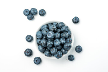 Bowl of fresh Blueberries isolated on white background. Top View