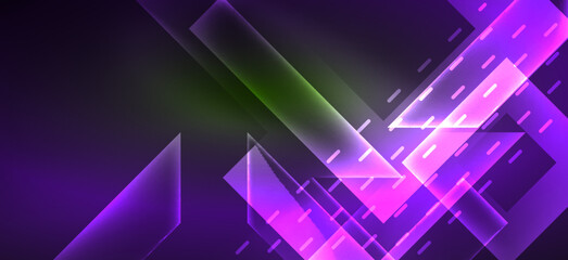 Obraz premium Background neon glowing lines and geometric shapes. Lights in the dark wallpaper for concept of AI technology, blockchain, digital, communication, 5G, science